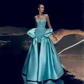2024 Long Embossed Couture Party Dresses with Oversized Skirt High Low Unique Formal Dress Elegant Evening Gowns
