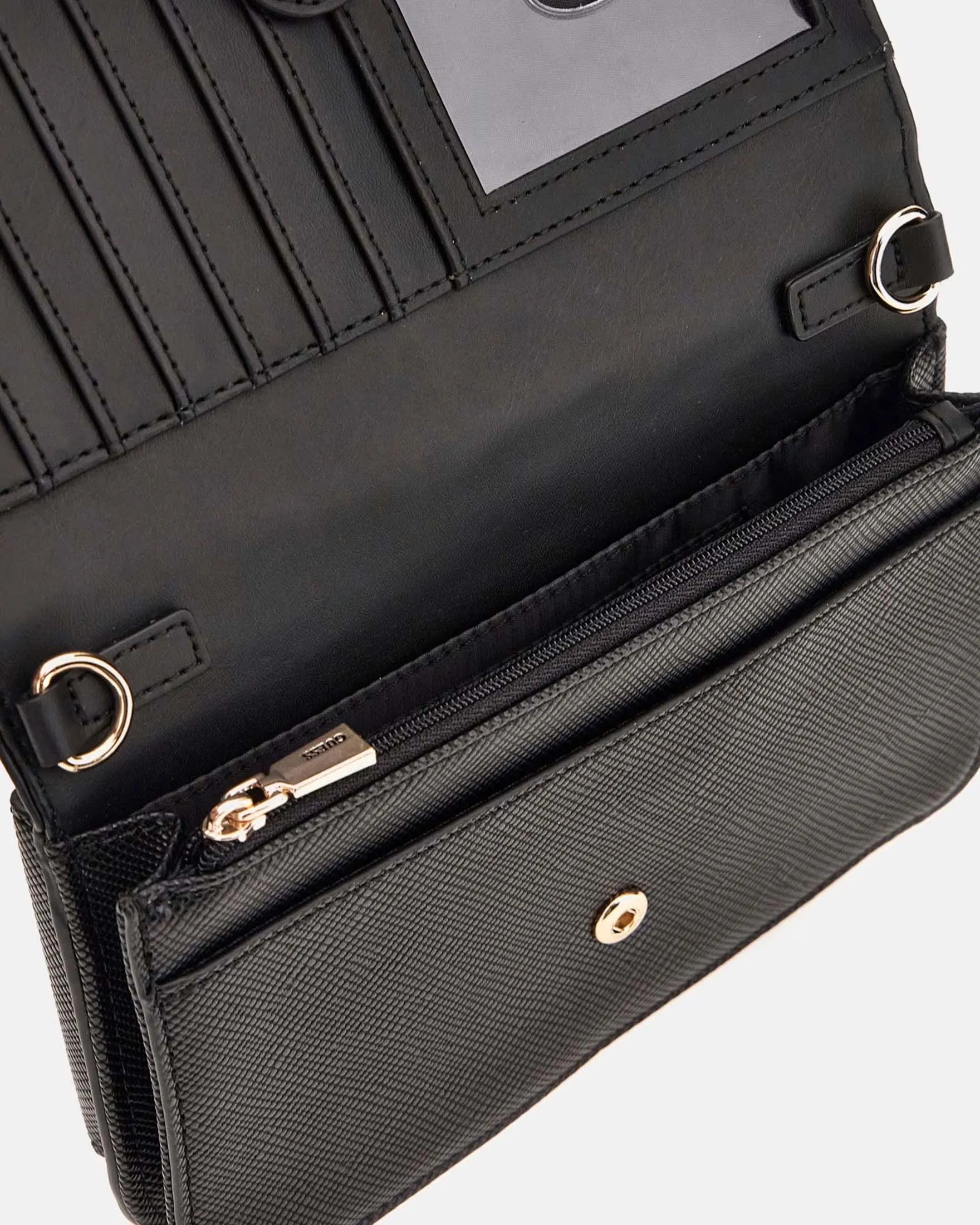 Black saffiano faux leather clutch with flap closure, detachable shoulder strap, and smartphone pocket on the back.