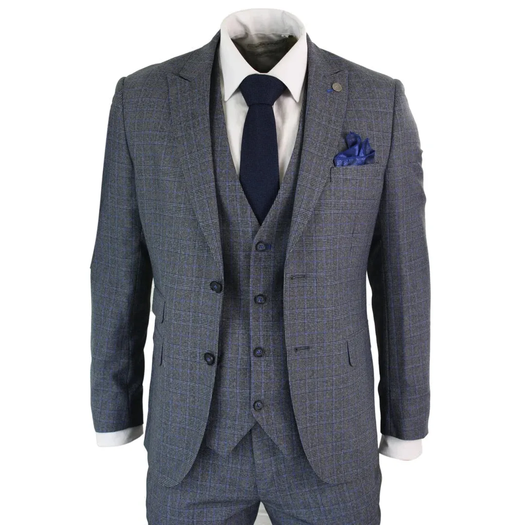 Blue Grey Vintage Retro Checked Tweed 3-Piece Men's Suit