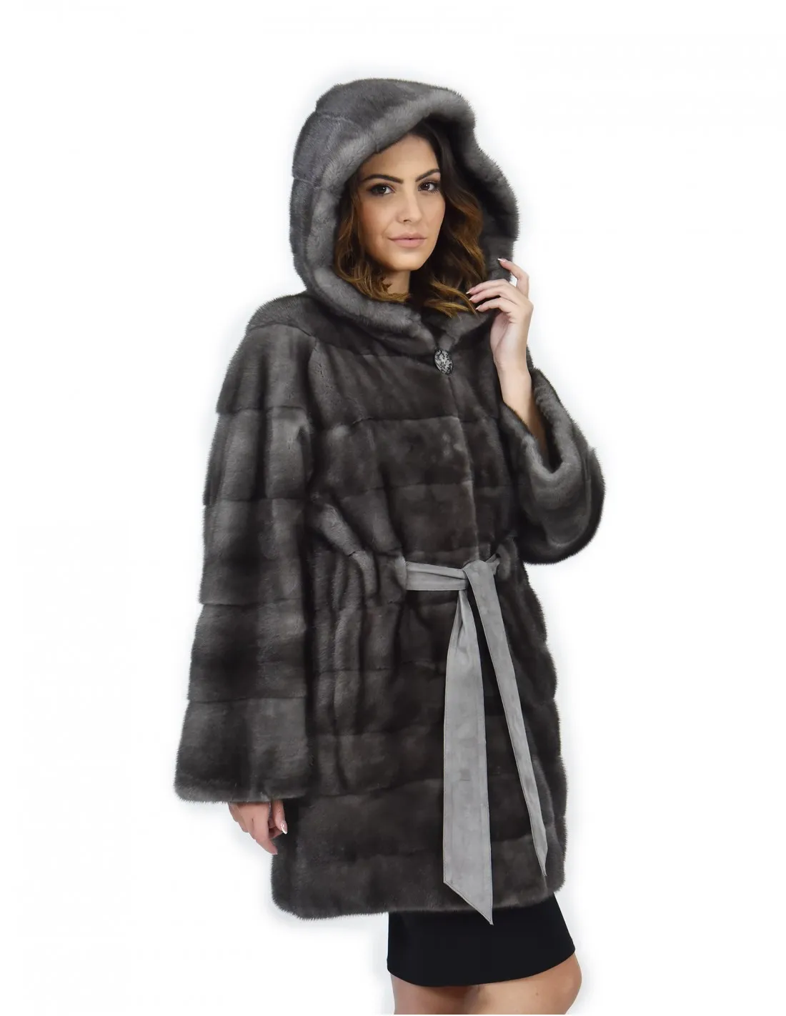 Blue Irish Coat 48 Mink Fur, Hood, Leather Belt, Long Sleeves
