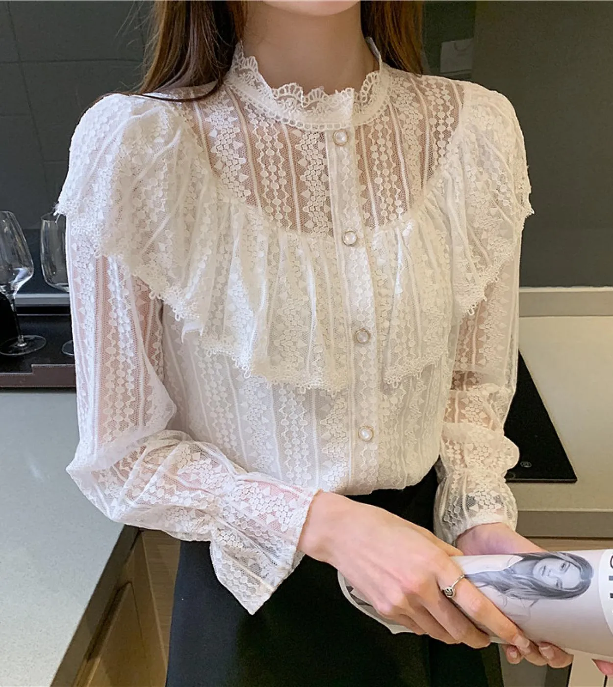 New Spring Long Sleeve Women's Blouse with Stylish Ruffle Stitching Elegant Lace Fashion Top Korean Collar Shirt