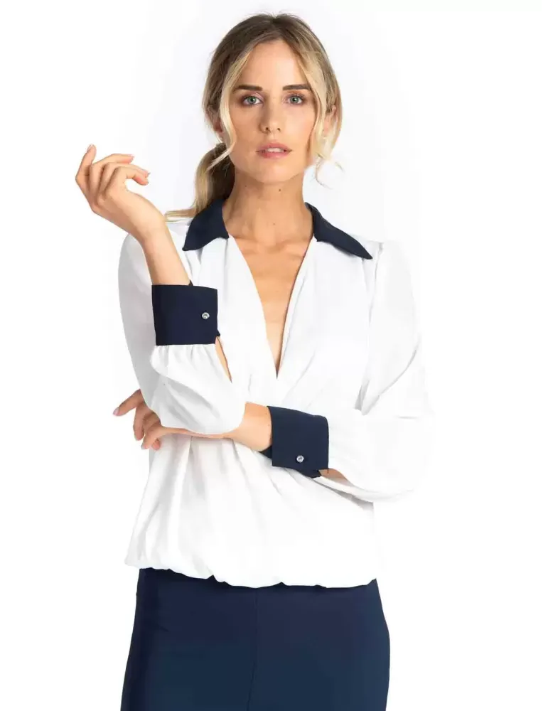 Camicia seta bianca incrociata collo e polsi blu Volpato