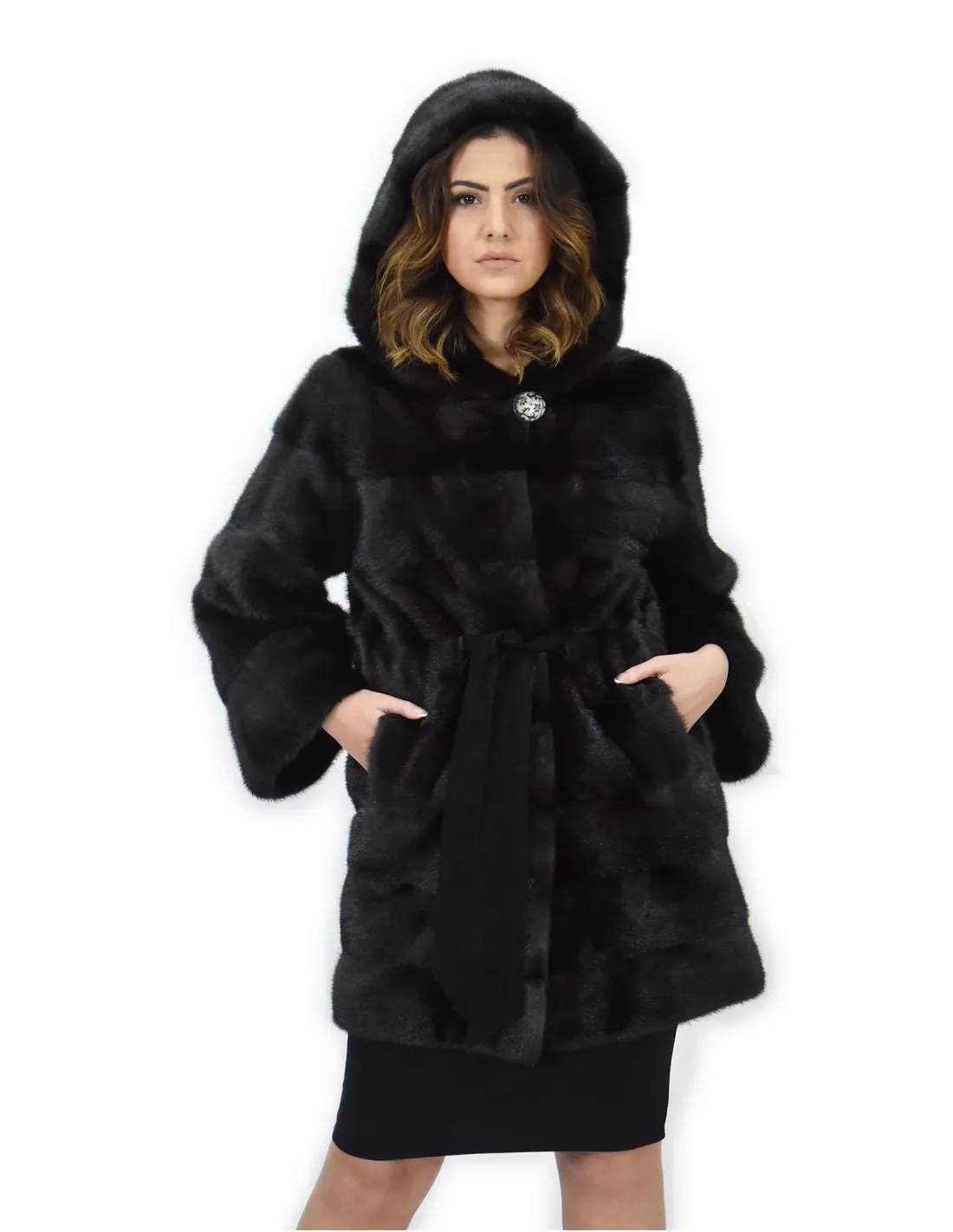 Grey Mink Fur Hooded Coat Size 44