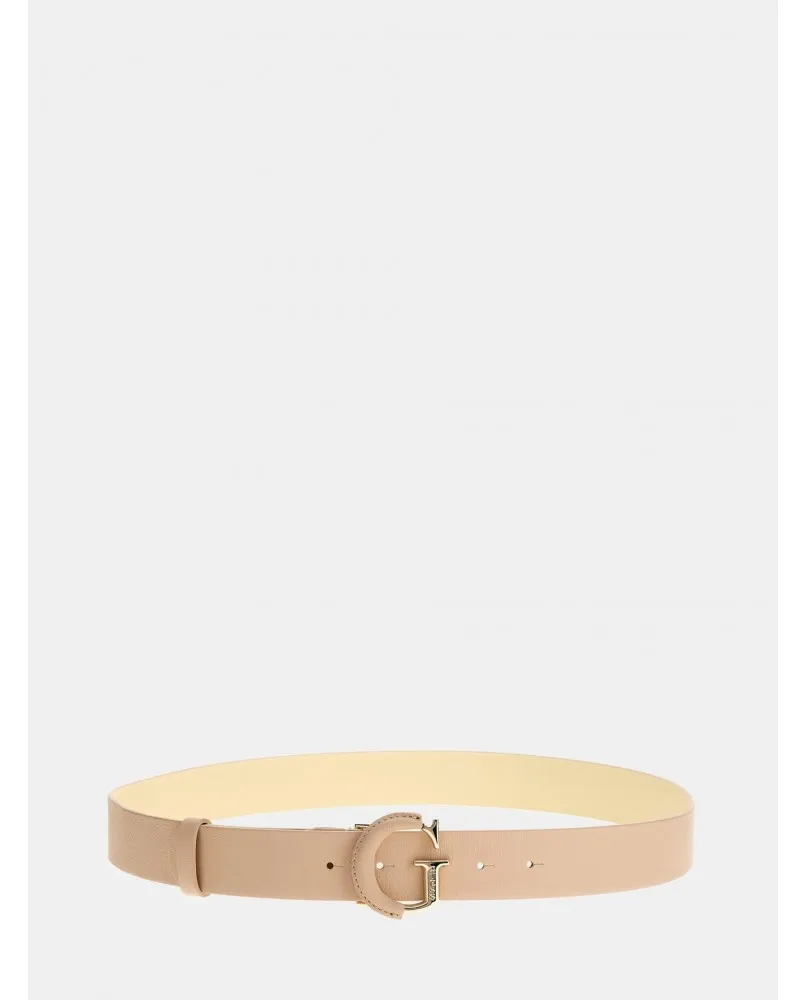GUESS BW7823LEA women's blush pink leather belt with gold logo.