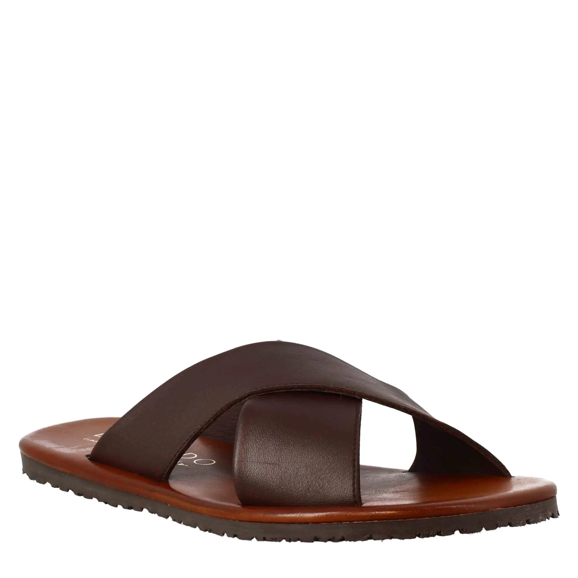 Handmade Brown Leather Men's Cross Strap Slide Sandals.