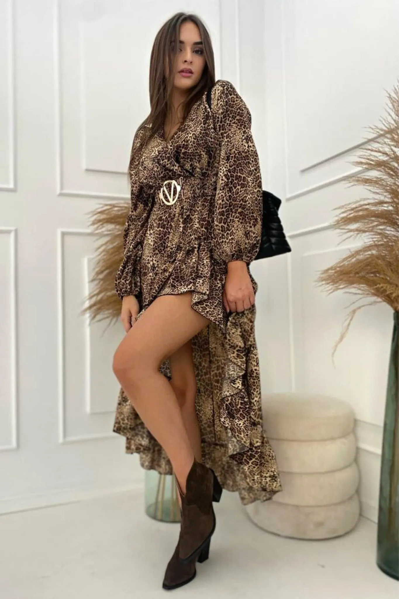 Leopard Print Asymmetric Flared Dress - Short Front, Long Back