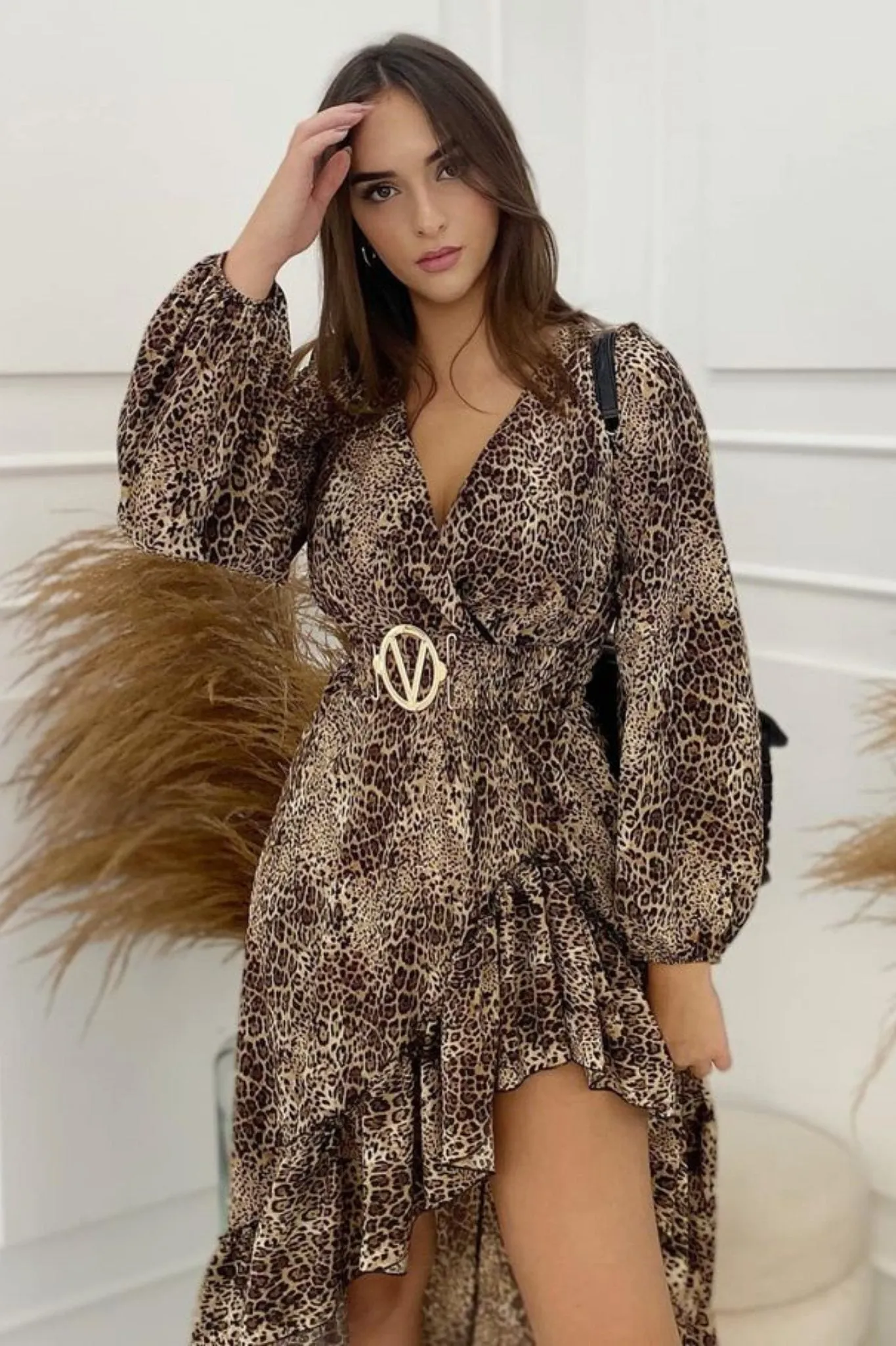 Leopard Print Asymmetric Flared Dress - Short Front, Long Back