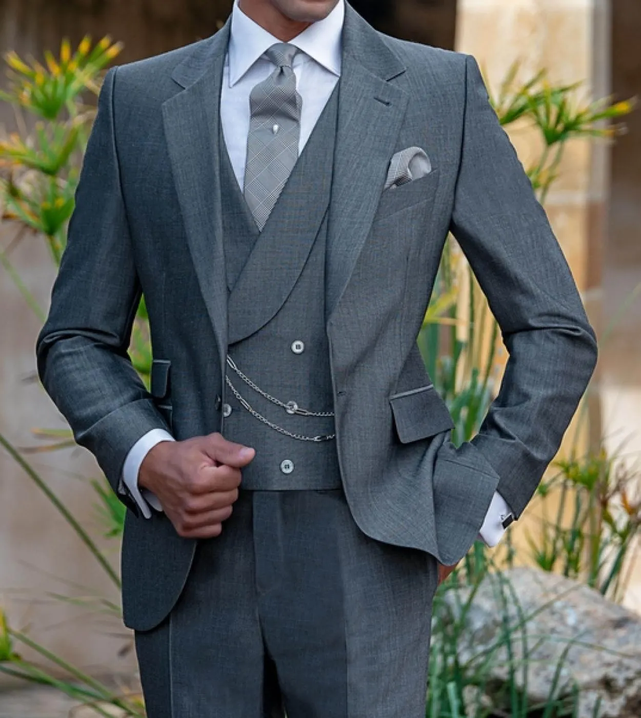Grey Linen Elegant Men's Suits Notch Lapel Slim Fit Groom Tuxedo Wedding 3-Piece Outfit Sets