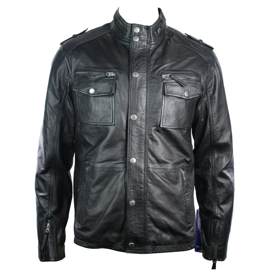 Men's Black Genuine Leather Jacket with Chest Pockets.