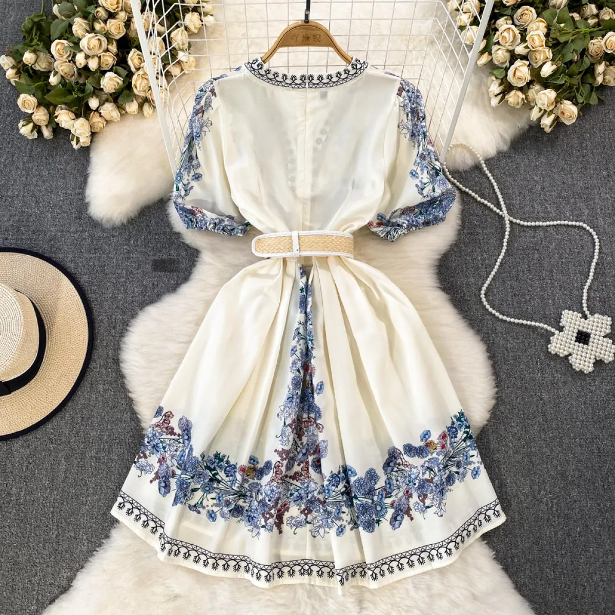 Midi Floreale Vestito Donna Elegante Orlo Passerella Cintura Lusso Maniche Sbuf.