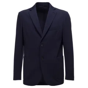 Blue double-breasted jacket outfit.