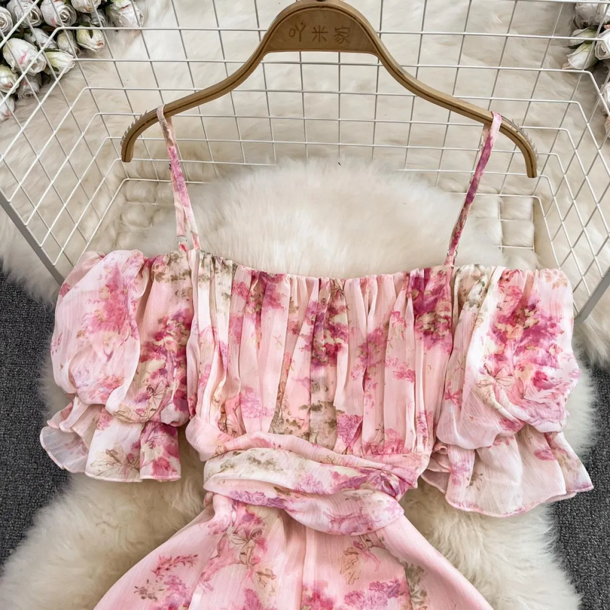 Pink Bohemian Off Shoulder Chiffon Midi Dress for Women, Elegant Summer Dress with Ruffles, Perfect for Beach Holidays