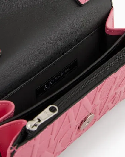 Pink patent eco-leather bubble pouch with logo prints all over and chain shoulder strap.