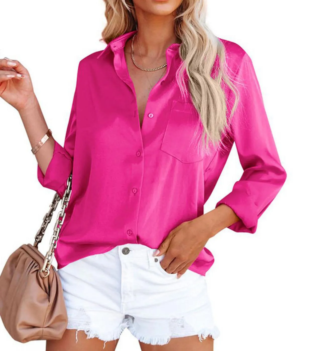 Relaxed casual satin blouse Long-sleeve women's office shirt with cuff Women's solid silk blouse