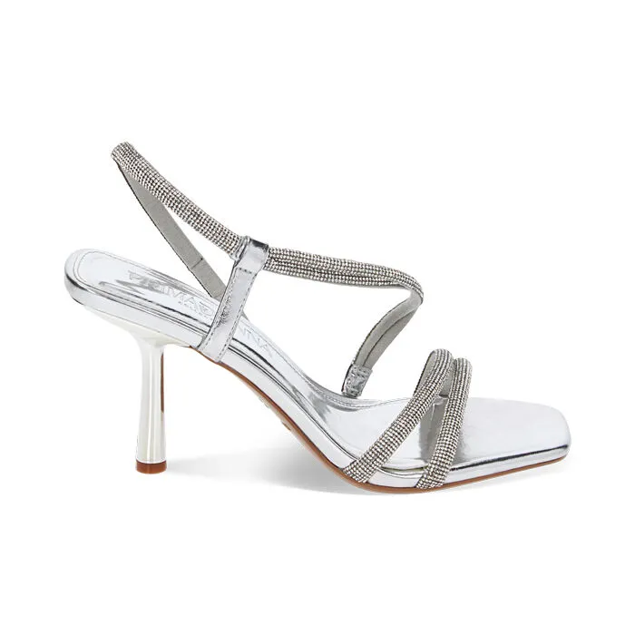 Silver laminated sandals with stones, 8.4 cm heel height
