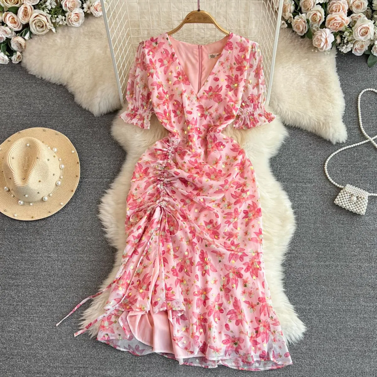 Summer pink chiffon midi dress with chic puff sleeves and drawstring, elegant dresses for regular beach vacation waves.