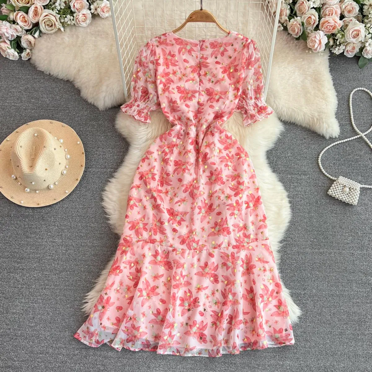 Summer pink chiffon midi dress with chic puff sleeves and drawstring, elegant dresses for regular beach vacation waves.